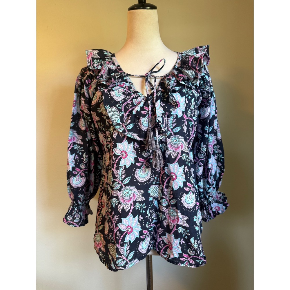 Millie xs boho cotton floral whimsi colorful ruffle dainty top‎ shirt blue pink